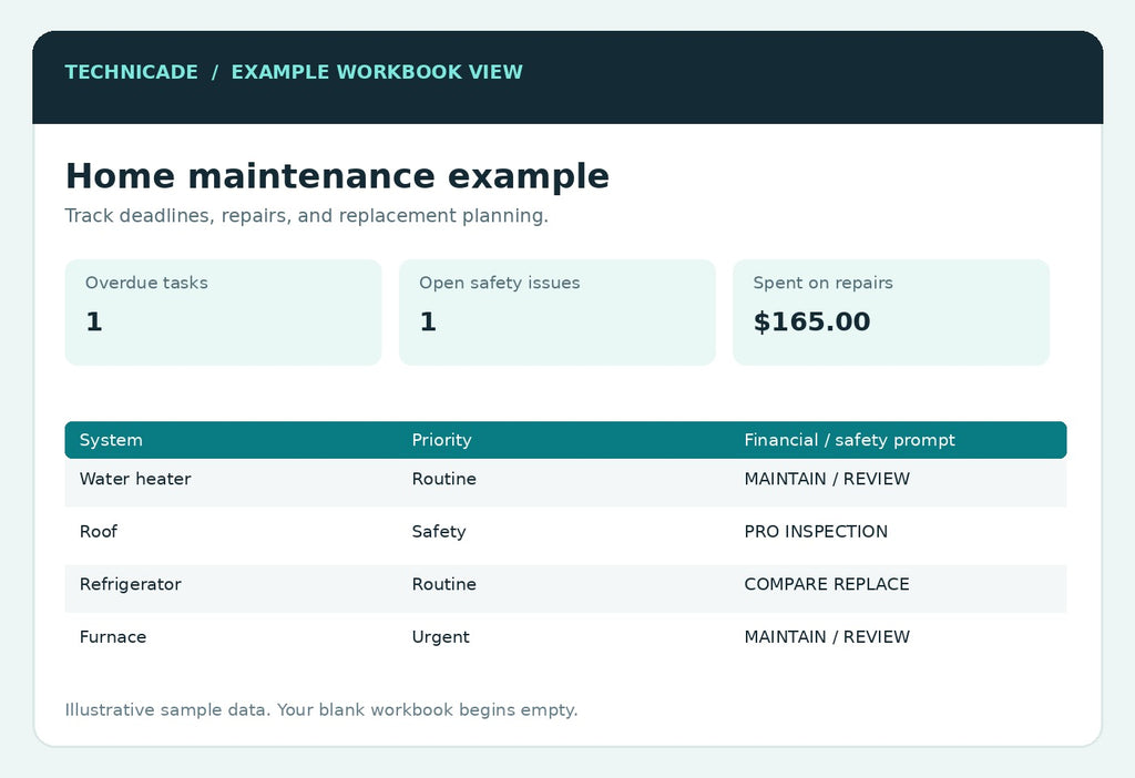 Fictional home maintenance dashboard and repair priority example