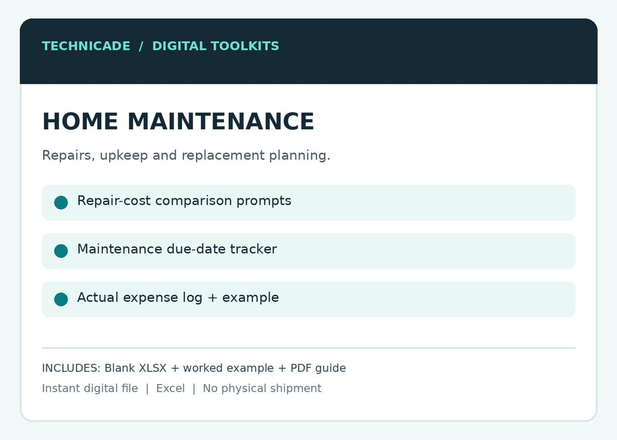Home maintenance and repair tracking Excel workbook features