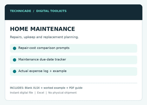Home maintenance and repair tracking Excel workbook features