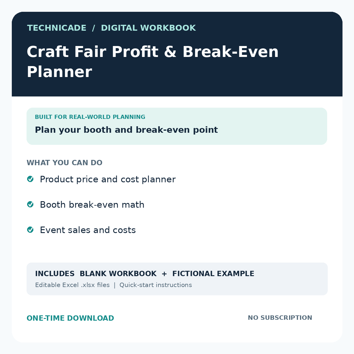 Technicade Craft Fair Profit and Break Even Planner cover